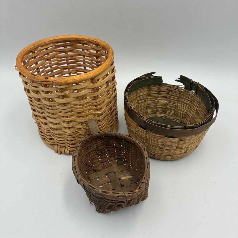 Vintage Woven Baskets Set of 3 Rustic Wicker Wood Farmhouse Decor Multi-Size